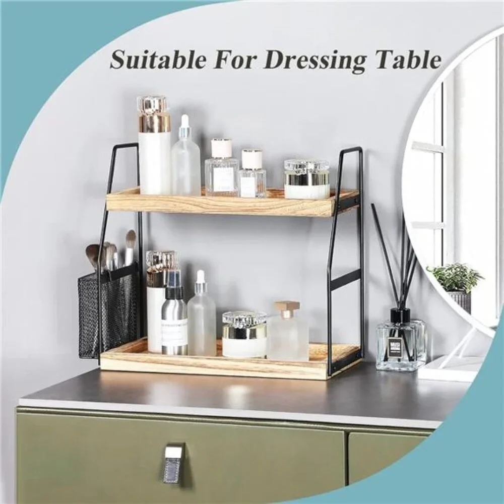 Bathroom Counter Organizer, 2-Tier Standing Storage Shelf with Basket, Wood